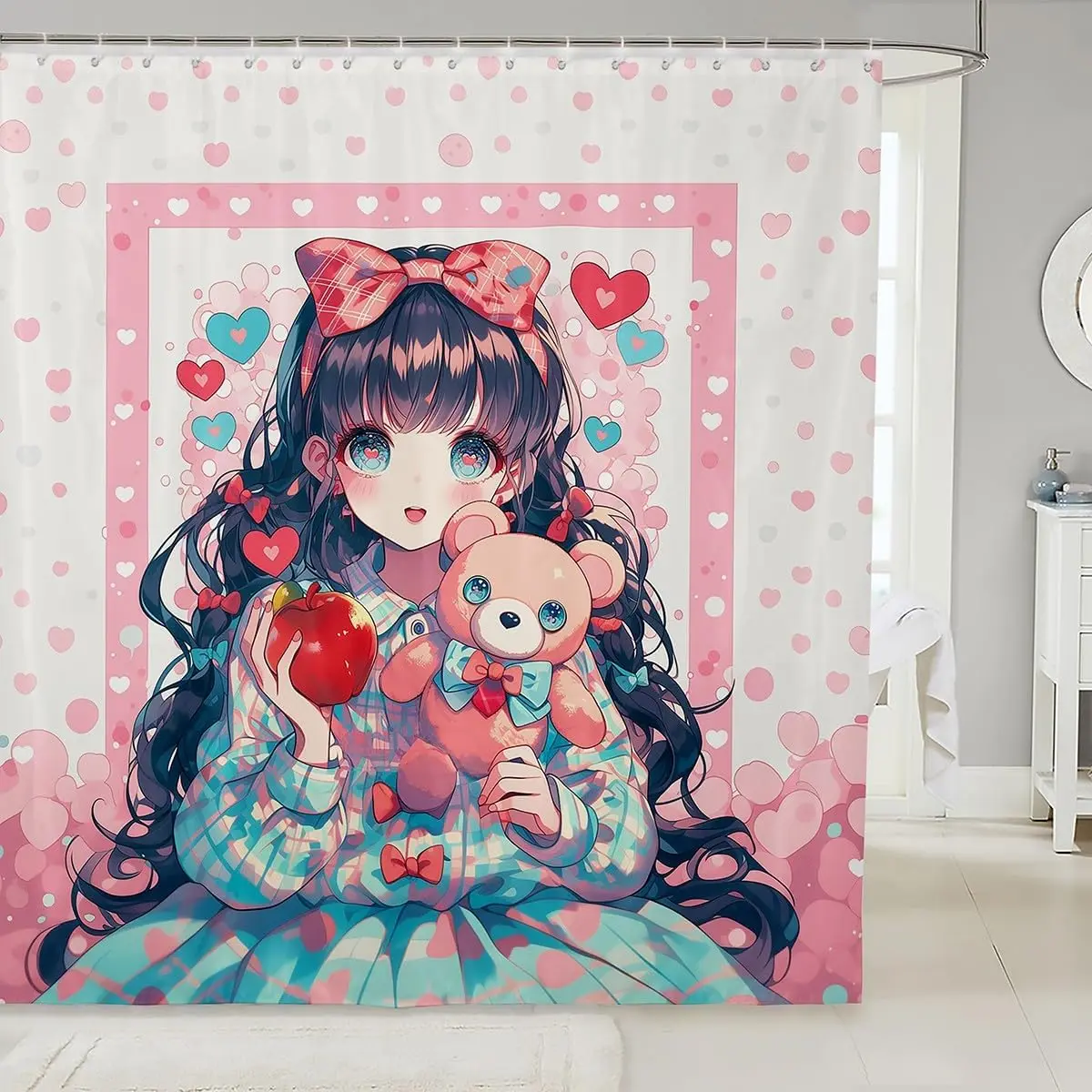 

Занавеска для ванной комнаты с изображением медведя для девочек, занавеска для душа в горошек с принтом «Любовь», Декор для ванной комнаты для девочек и женщин и взрослых, японское аниме с героями мультфильмов