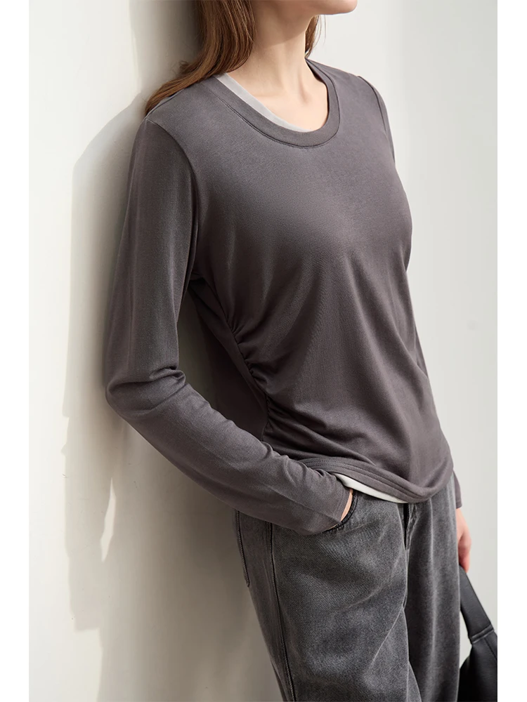Amii Minimalism 2024 Autumn New Crew-neck T-shirts For Women Fake Two Patchwork Basic Long-sleeve Casual Female Tops 12443020