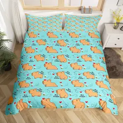 Cute Capybara Print Bedding Sets Full Kawaii Honey Bee Comforter Cover,Cartoon Animals Bed Set Red Love Heart Print Duvet Cover