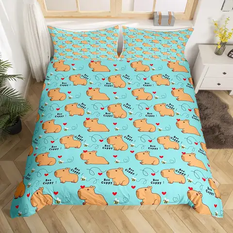귀여운 Capybara 인쇄 침구 세트 전체 Kawaii 꿀벌 이불 커버, 만화 동물 침대 세트 레드 러브 하트 인쇄 이불 커버