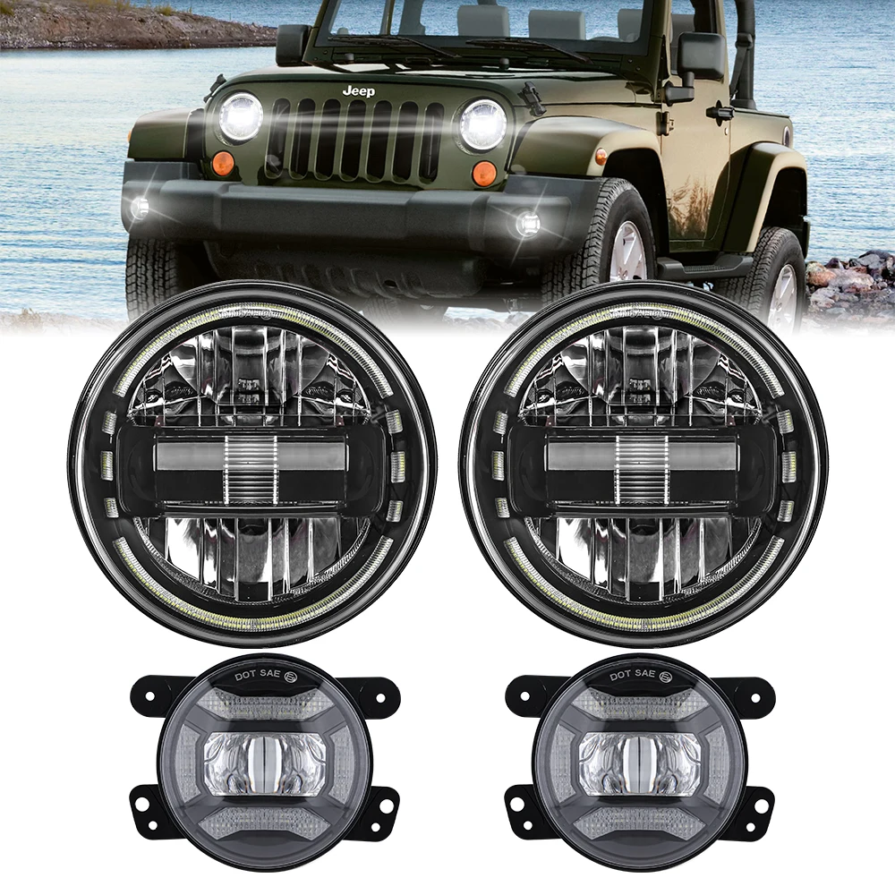 

7 " Inch Led Halo White DRL Headlight And 4" Fog Light Combo Kit For Jeep Wrangler JK JKU 2007-2017+ Car Light Assembly