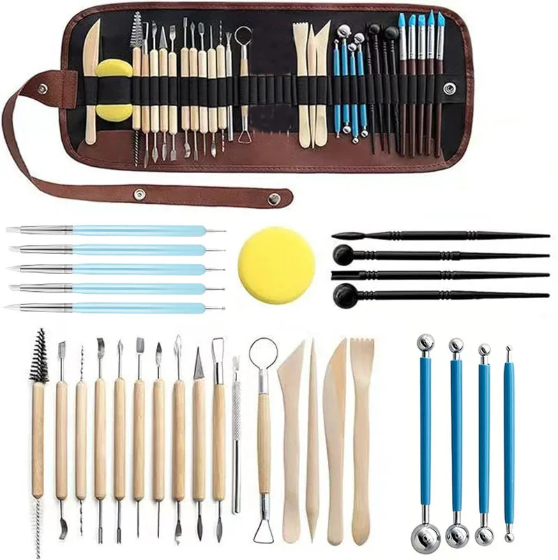 31pc Polymer Clay Modeling Set Ceramic Sculpting Tools Set With Bag Air Drying Clay Carving Tool Molding Ball Sticks Wood Knifes