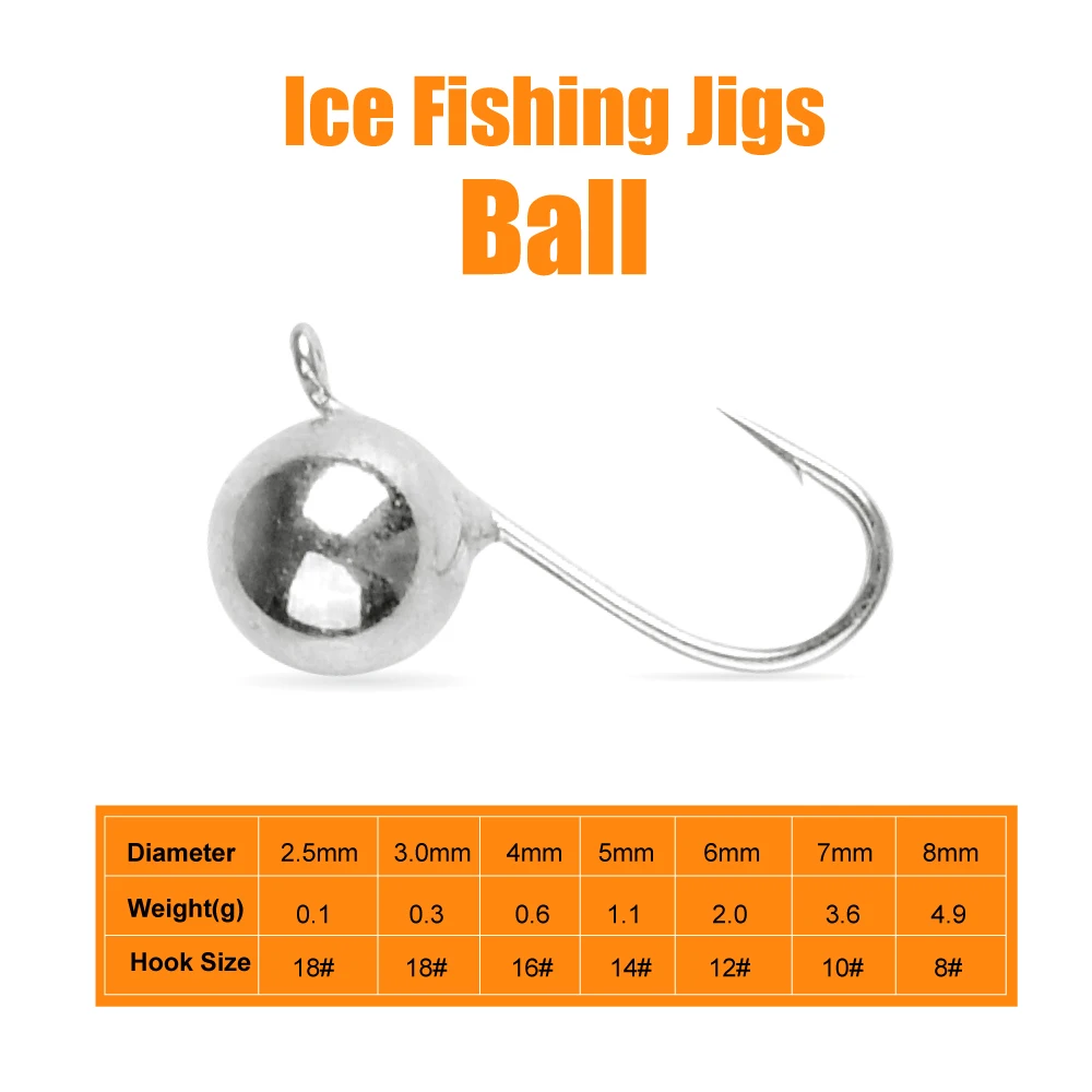 MUUNN 5pcs Ice Fishing Jigs Heads,Ball Ice Hooks,2.5mm~8.0mm,Perch Trout Sunfish Fishing Lure Tackel