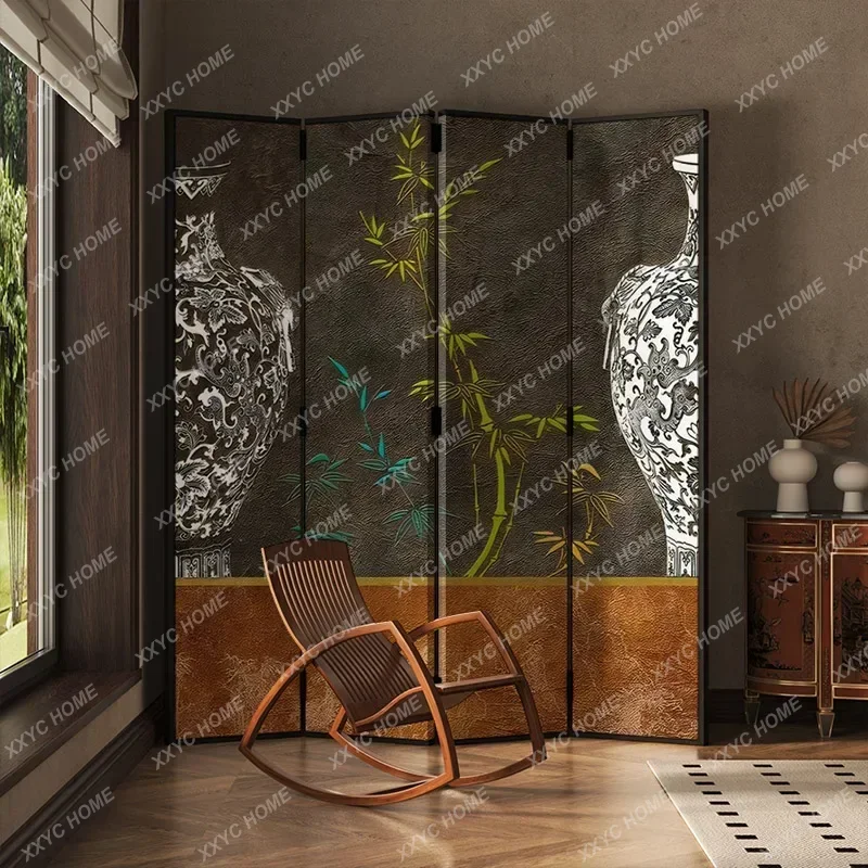 HHhot Sale Neoclassical Screen Folding Mobile Living Room Entrance Folding Screen Bamboo Bottle Painting