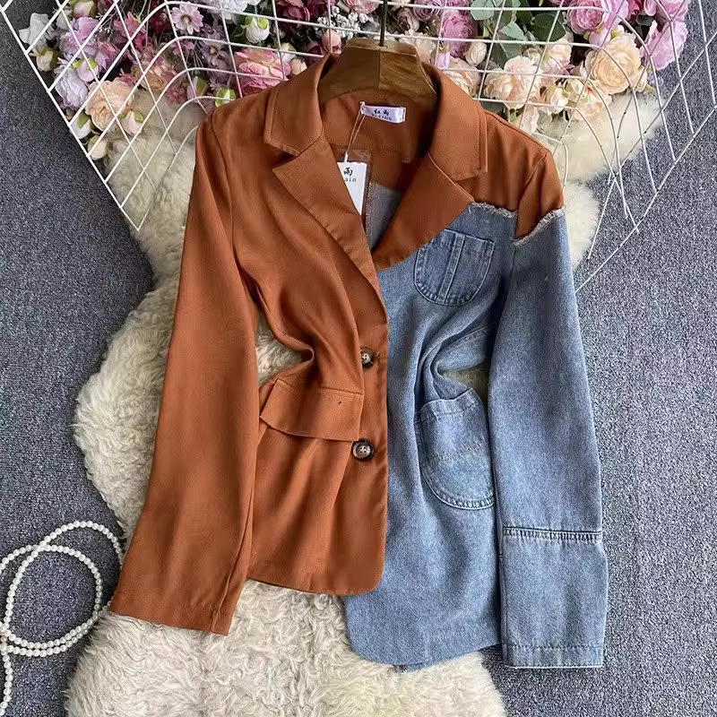 Women's Asymmetric Single Breasted Blazer Denim Patchwork Coat Long Sleeve Korean Fashion Vintage Spring Autumn Jacket Z4654