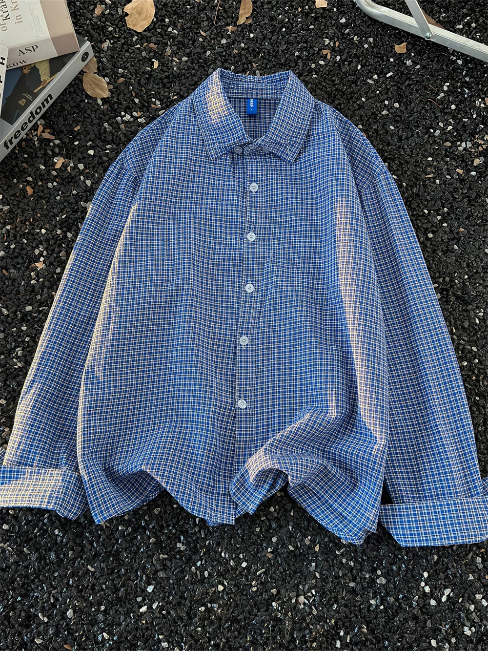 

Classic American Retro Plaid Shirt Loose Long Sleeve Men's Casual Outerwear Spring Autumn Blue Lazy Style Unisex Coat