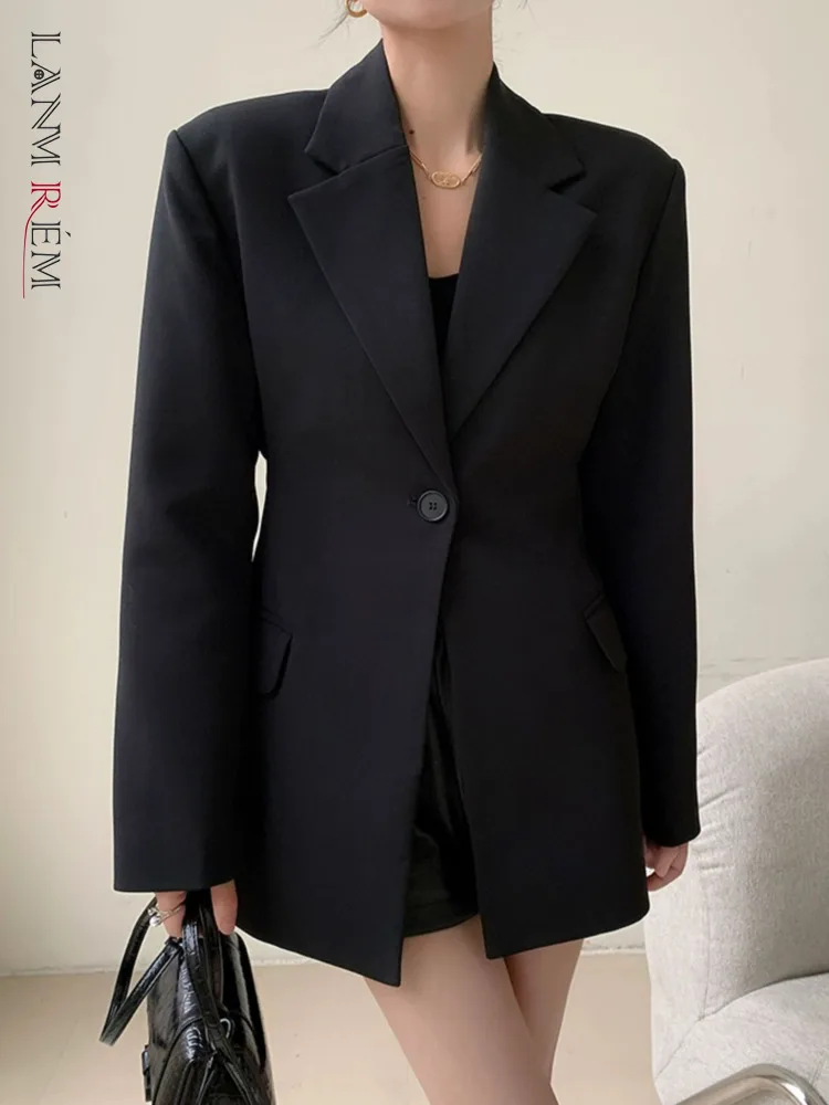 [LANMREM] Pleasted Gathered Black Blazers For Women Single Button Office Lady Jackets Fashion Coats 2024 Spring New 26D8981