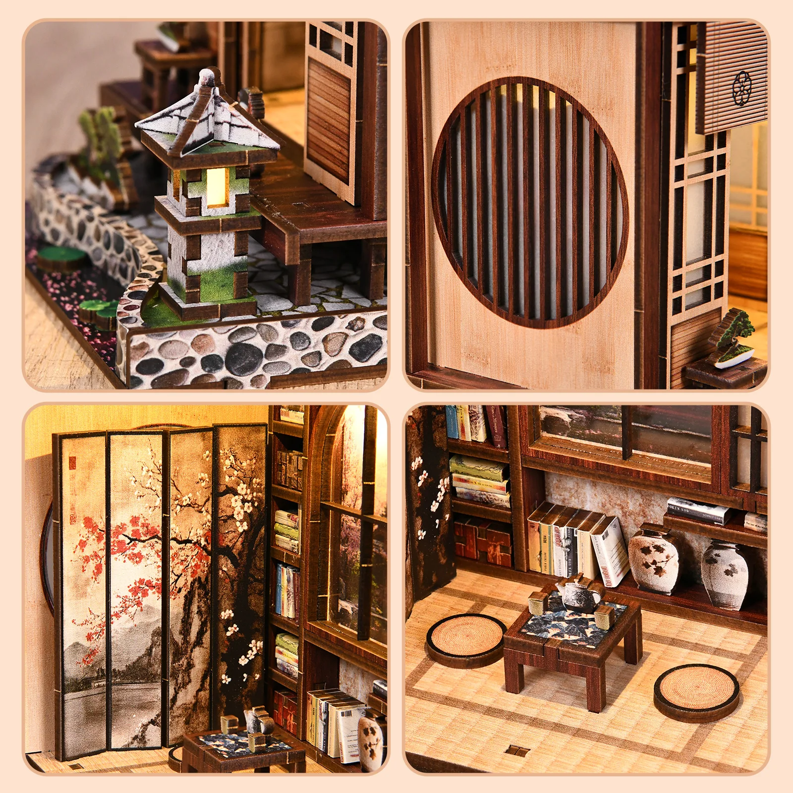 Diy Wooden Moss-Lantern Harmony Garden Book Nook Shelf Insert Kits Miniature Model Kit Japanese Bookend For Friends Gifts