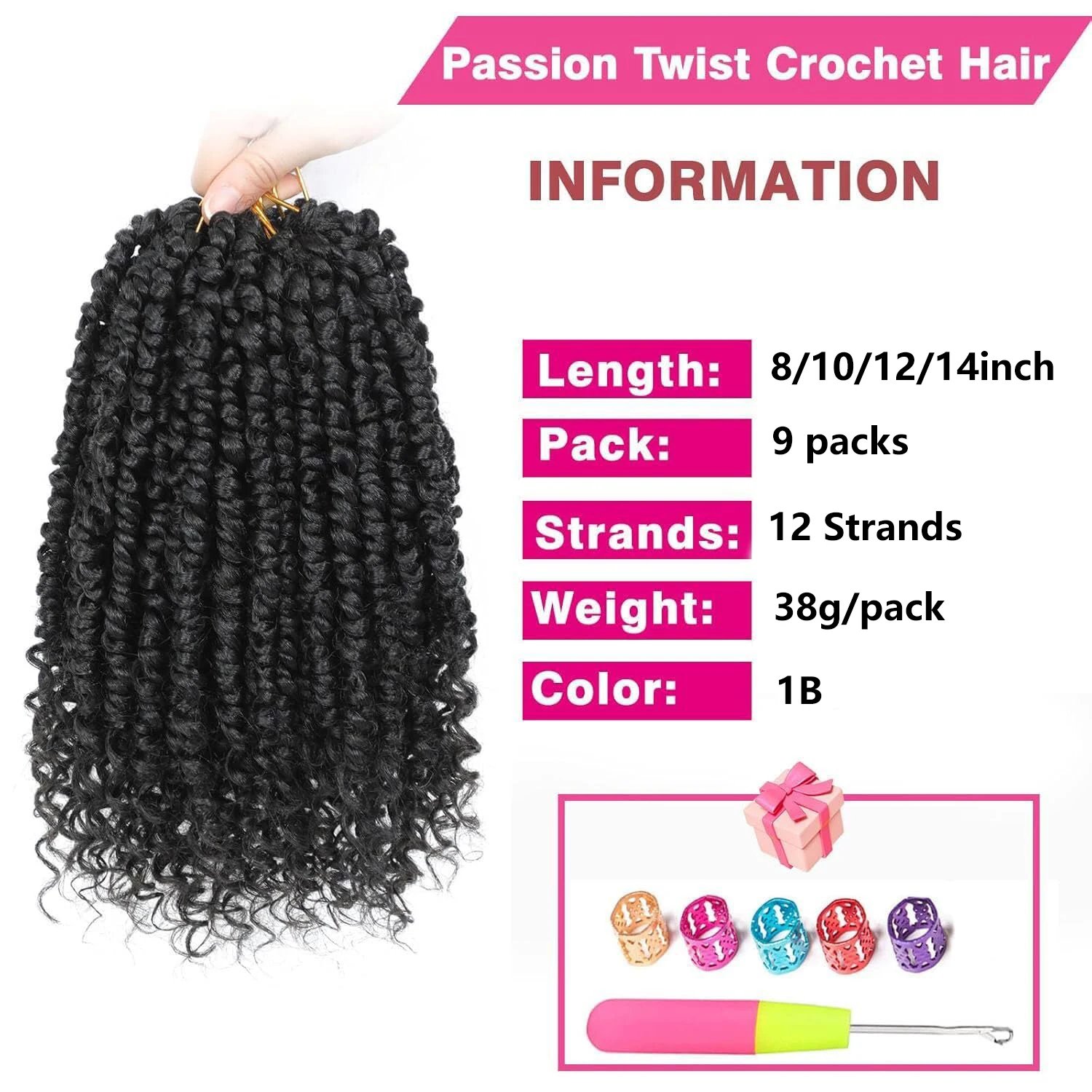 Passion Twist Crochet Hair 8/10/12/14 Inch 9 Pack Pre Looped Crochet Braids, 1B#
