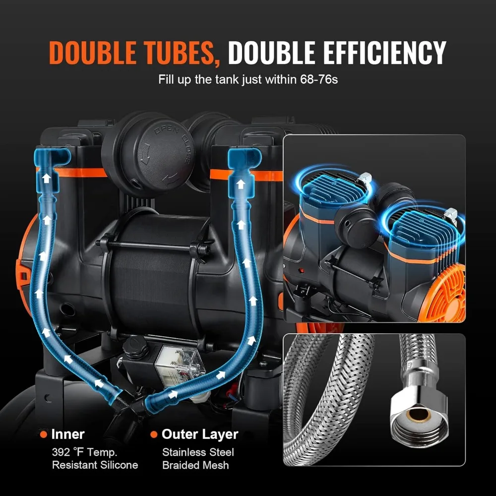 Sprężarka powietrza o pojemności 6,3 galona, 2 konie mechaniczne, z wydajnością 3,35 CFM przy 90 PSI i maksymalnym ciśnieniu 116 PSI, bezolejowa sprężarka z zbiornikiem.