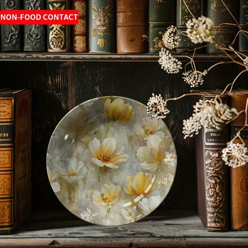 1pcElegant Ceramic Decorative Plate with Yellow White Floral Circle Design, Home Tabletop Decor, Non-Food Contact, Living Room