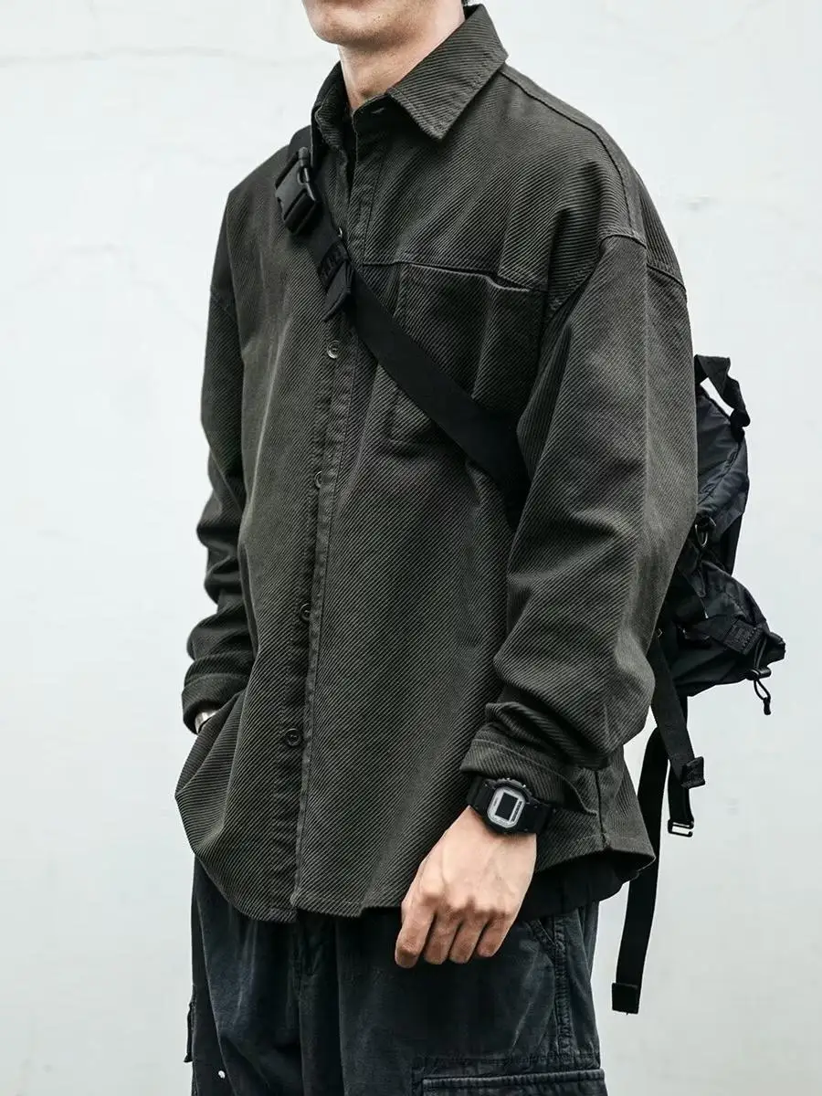 

Retro Japanese Workwear irt Men's Spring Autumn Trendy Brand Heavy Texture Long Sve Loose Casual Collar Jaet Men