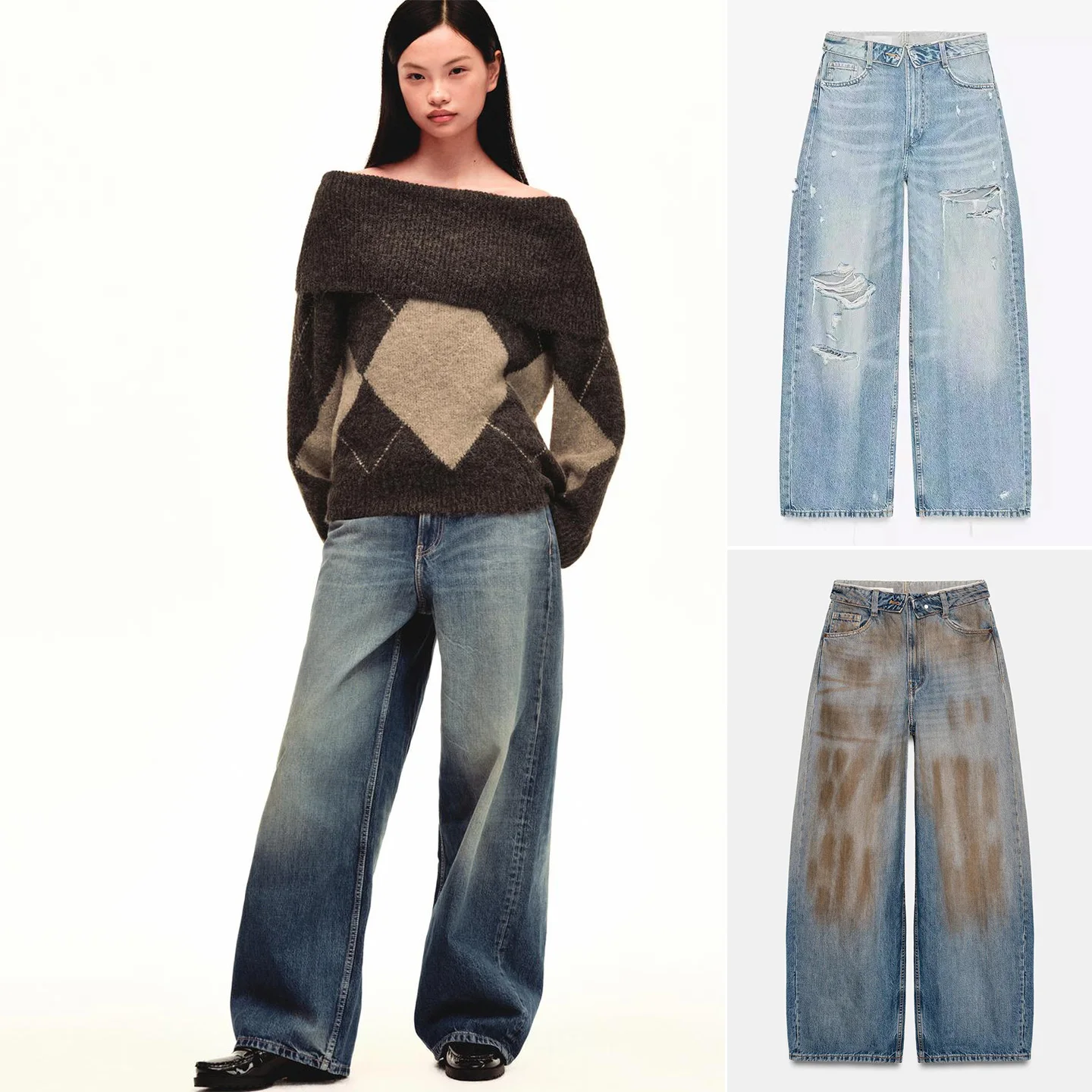 

Spring New Women's Jeans Waed Effect mid Waist Cuffed Denim Long Pants Ladies High Waist Wide Leg Polyester Fiber Zipper