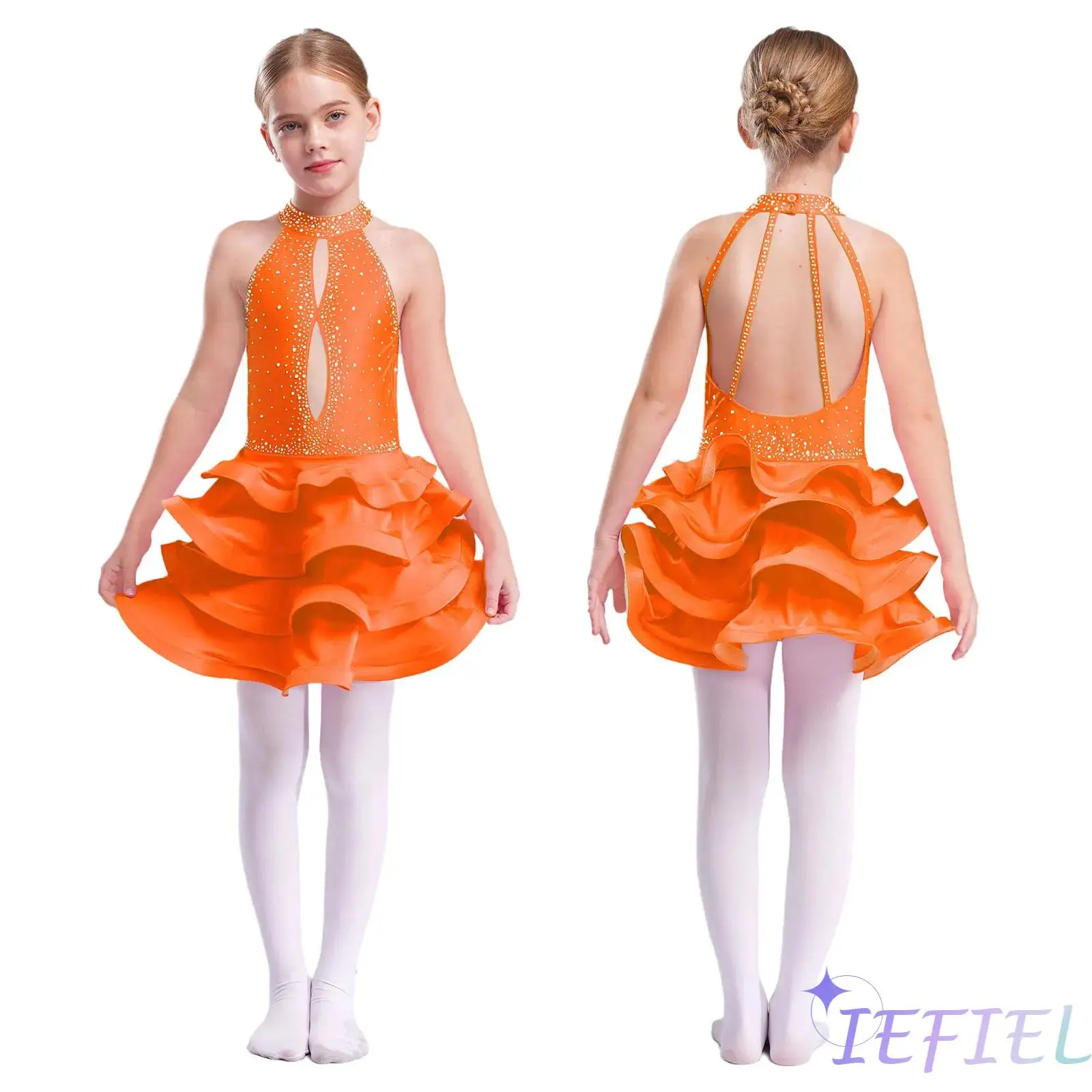 

Girls Professional Latin Dance Performance Shiny Rhinestones Tiered Dress for Ballroom Rumba Cha Cha Samba Practice Performance