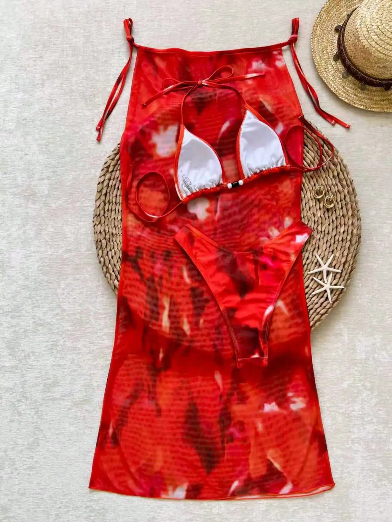 

Комплект бикини с эффектом тай-дай и широкими брюками из прозрачной сетки, 3 предмета