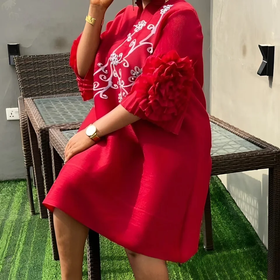 miyaki dress ladies Miyaki dress Pleats Spring Summer 2024 New Fashion Women's New Chinese Bead  Print Hand Crank Flower Loose Dresses Clothing