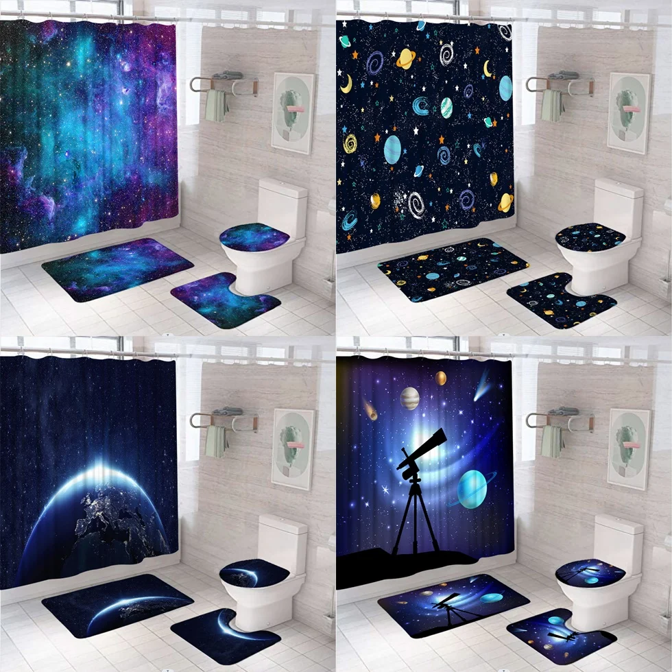 

Mystery Planet Shower Curtain Sets Outer Space Blue Galaxy Fantasy Starry Sky Earth Bathroom Curtains Bath Mat Rug Toilet Cover