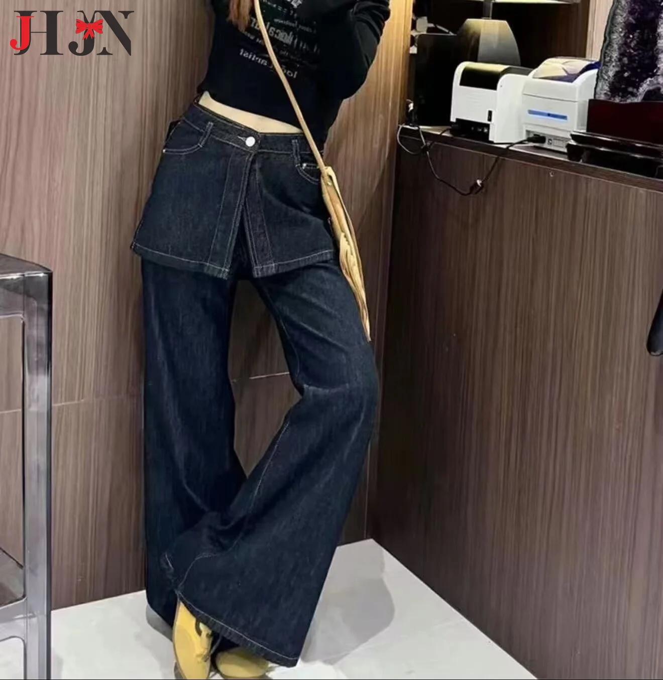 Retro Design  Niche Splicing Jeans Children Fake Two Items Cowboy Wide Leg Pants Casual Pants For Women Luxury Brand