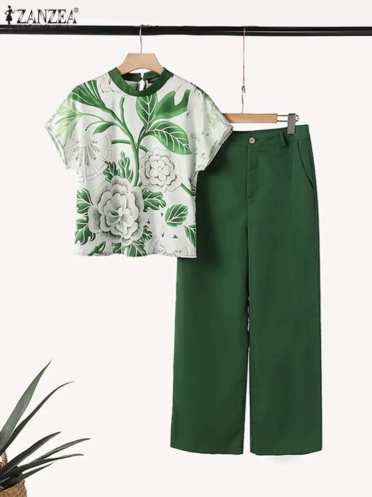 ZANZEA-Conjunto de 2 piezas para mujer, ropa informal de 2 piezas, Tops de manga corta con estampado Floral, pantalón liso, estilo bohemio y elegante