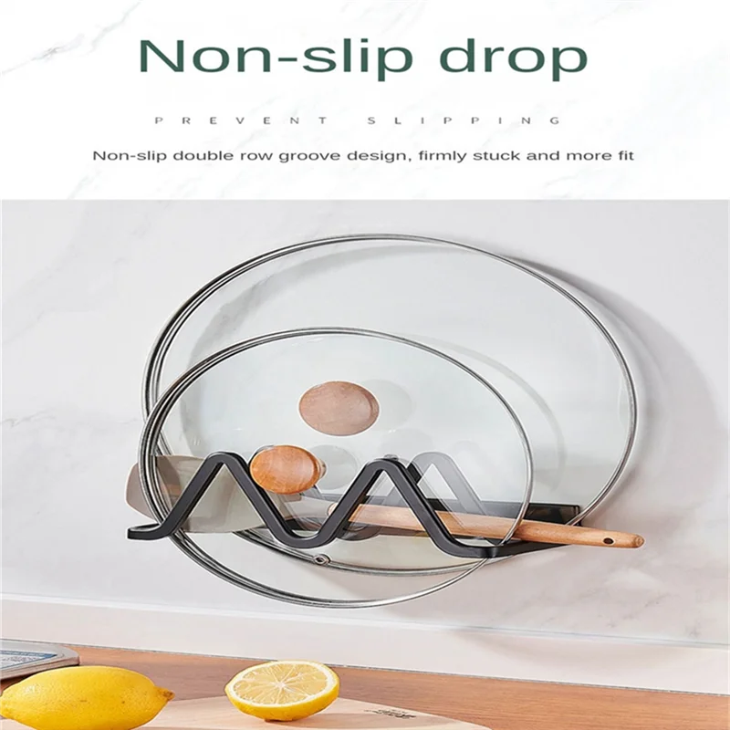 

Y50A-Rust-Proof Pot Cover Holder Wall Mount Plate Rack Strong Bearing Capacity No Punching Pot Lid Shelf Galley Rack Black-B Dur