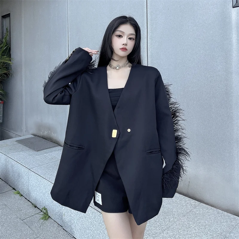 Real Shot High-End Feather Patchwork Black Blazer for Women Autumn Mid-Length Stylish Loose Jacket Female Office Lady Coat Top