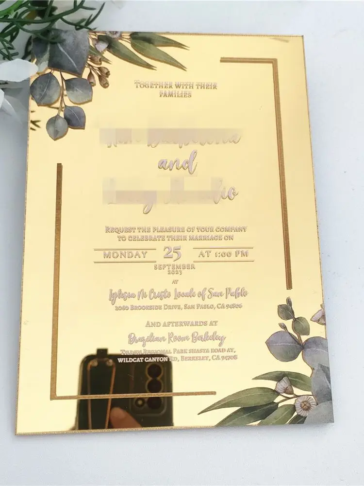 Lustrzane złote akrylowe zaproszenie na ślub, drukowane na zamówienie, 10Pcs — zdjęcie 2