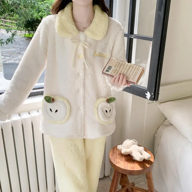 

Фланелевой пижамный комплект, милая ночная рубашка для девочек, женская одежда для сна, домашняя одежда на флисовой подкладке, утепленная бархатная коралловая домашняя одежда, осень-зима