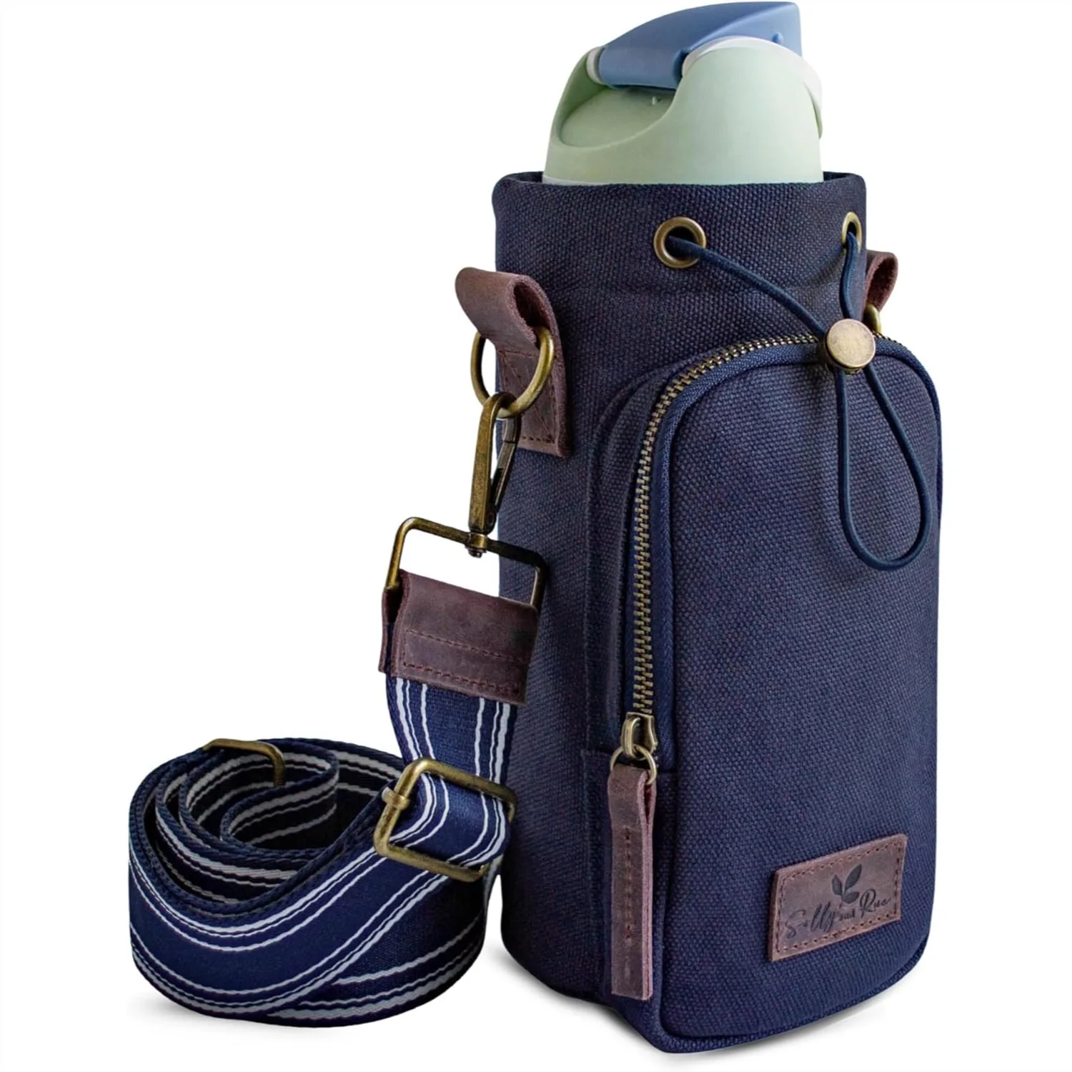 

Water Bottle Holder with Strap & Pocket – Crossbody Water Bottle Carrier Fits 16-32 oz, Cotton Canvas