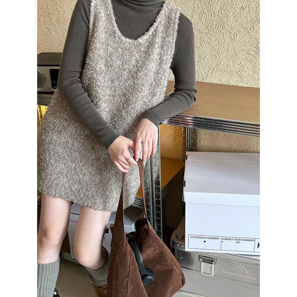 Korean style loose neck dress, slimming effect, layered wool loop, knitted vest dress