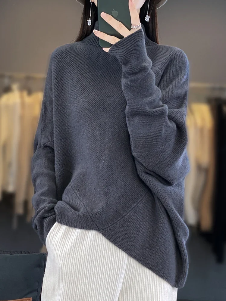 Women\'s Skin-friendly Turtleneck Wool Sweater Loose Thick Bat Irregular Monochromatic Autumn Winter Fashion Female Top