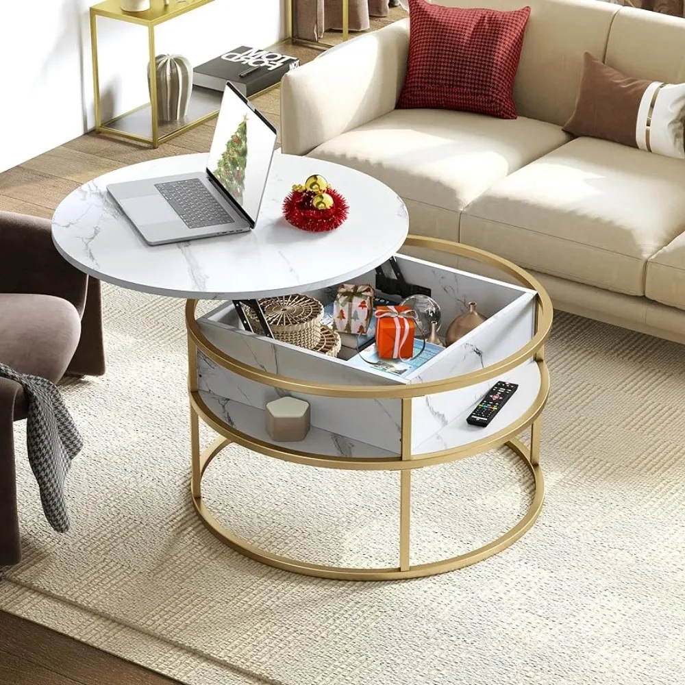 

Coffee table round lift table, living room marble with storage, with storage cabinets, for home office, round, white