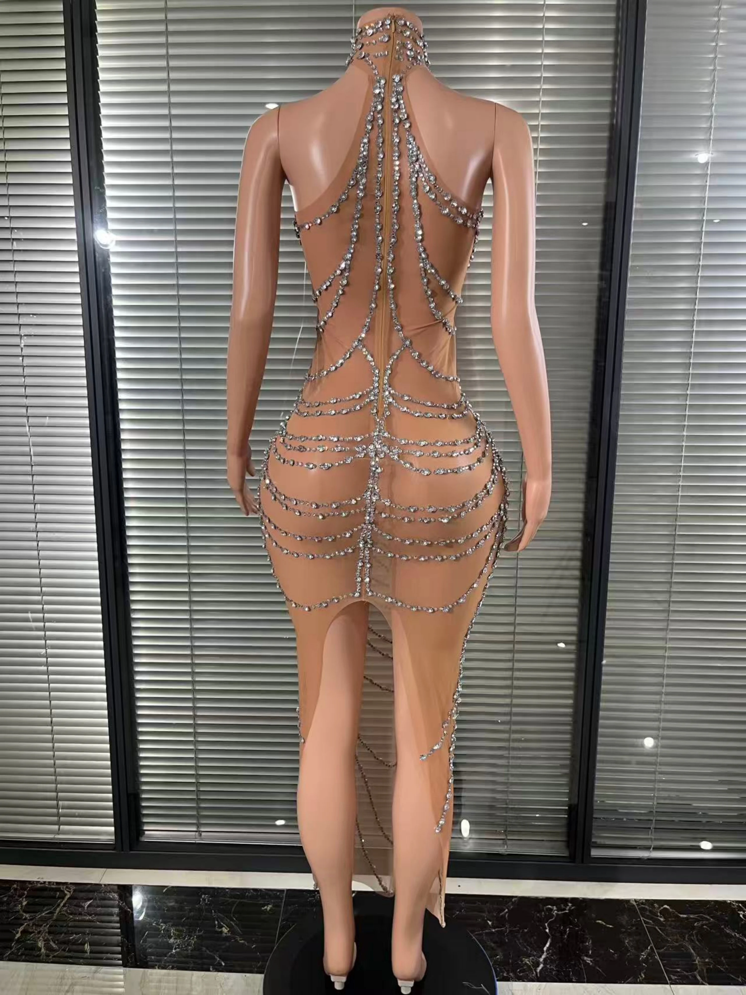 Sophisticated Sparkly Rhinestone Sexy Transparent Mesh Long Dress Luxury Birthday Club Party Gown Stage Performance Costume