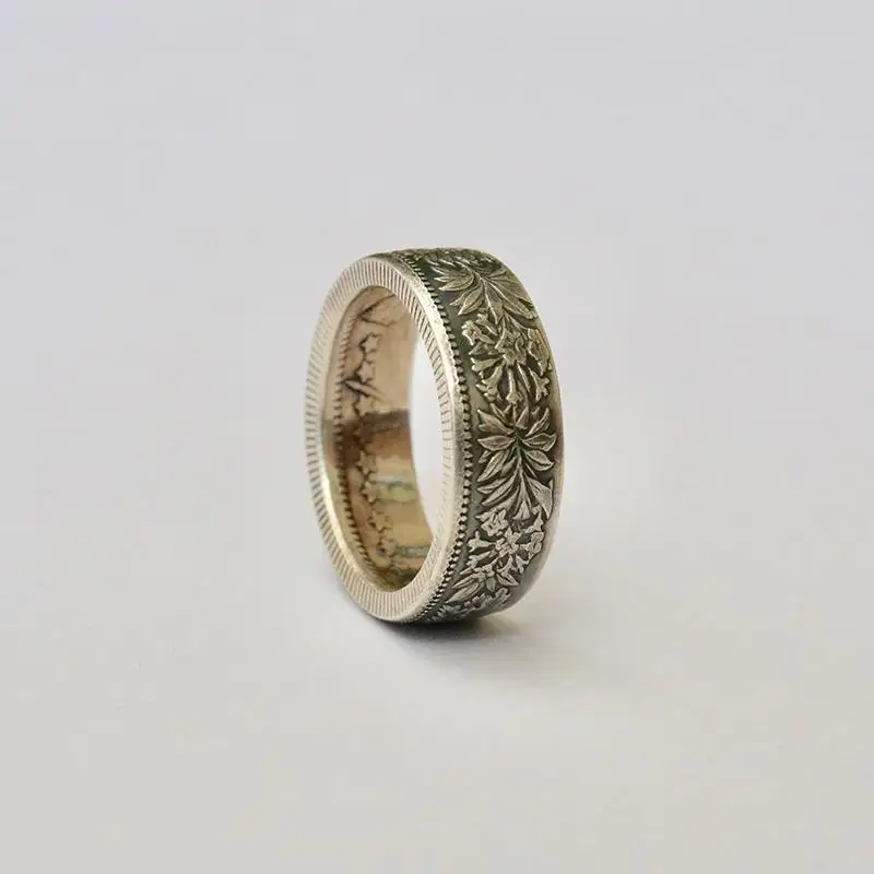 Handmade Franc Coin Ring with Edelweiss Relief Men's Unique Couple Memorial Gift