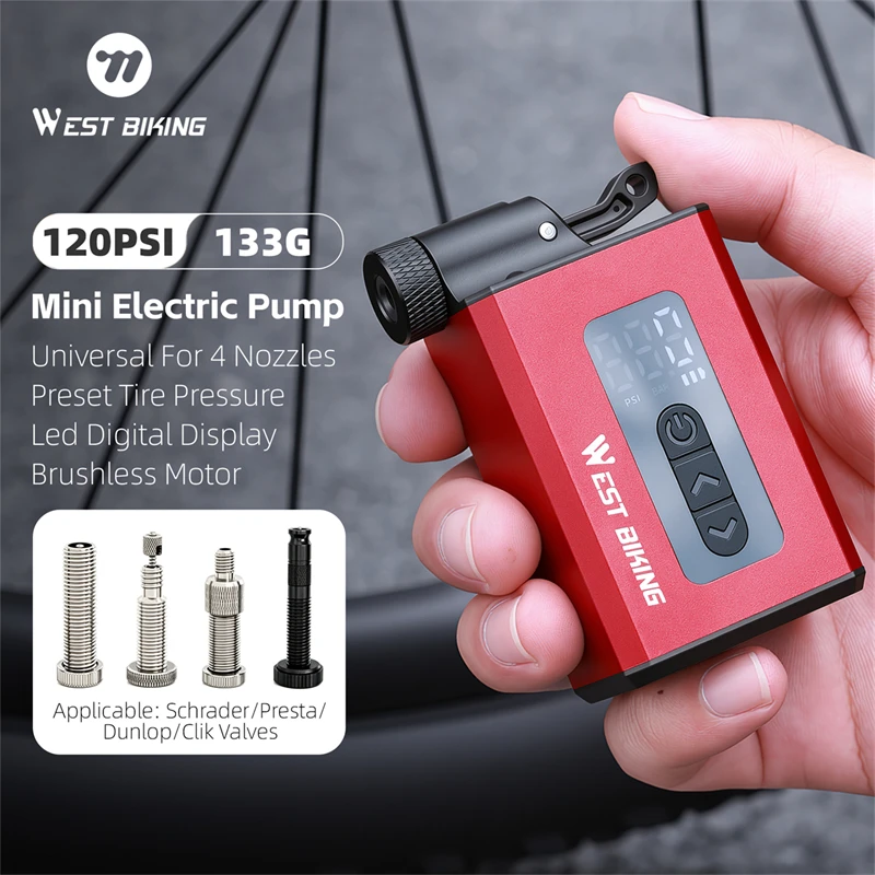 WEST BIKING Mini Electric Tire Inflator 120PSI CNC Aluminum Brushless Air Pump Type-C Rechargeable 4 Valve for Cycling Emergency
