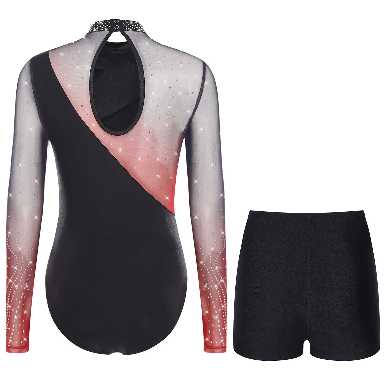 Body de baile de Ballet calado de manga larga para mujer y pantalones cortos de baile para competición de actuación de baile de Jazz, Salsa latina, Tango