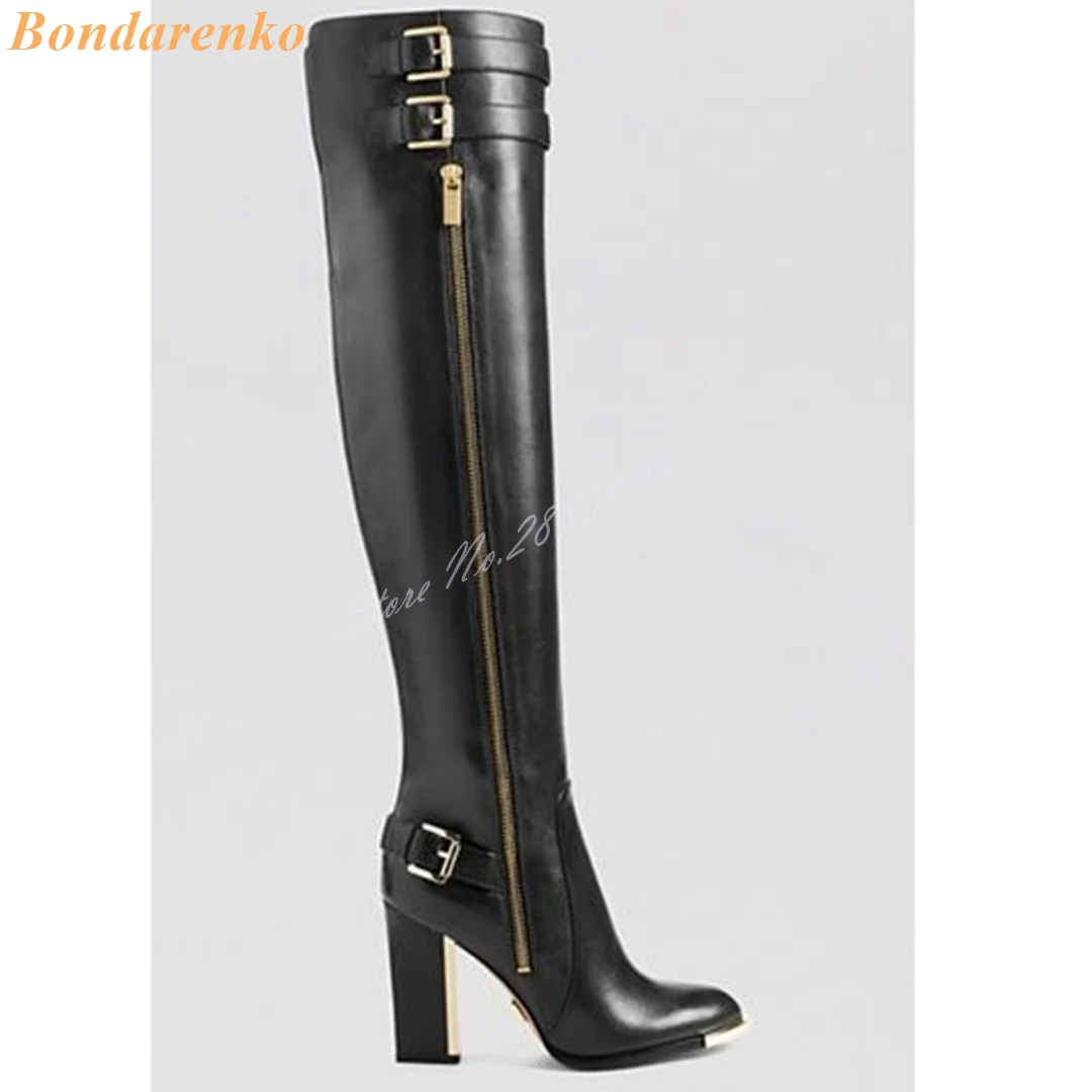 Botas hasta la rodilla con hebillas de cinturón para mujer, zapatos de cuero con punta estrecha, tacones altos gruesos, botas largas con cremallera lateral, zapatos de fiesta de nuevo estilo, Invierno