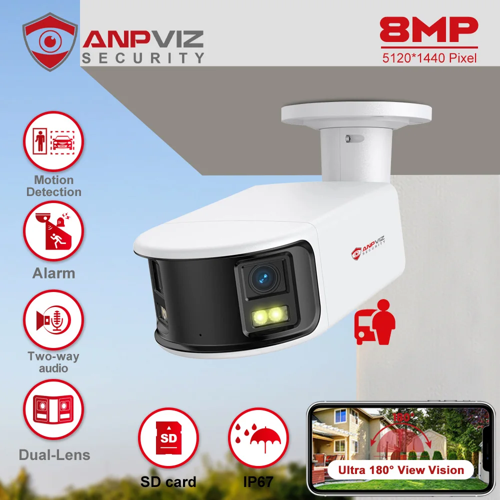 

Anpviz 8MP Dual Lens POE Camera Outdoor Security 180° View Angel Real Time 2-Way Audio AI Обнаружение человеческого автомобиля Металлический корпус