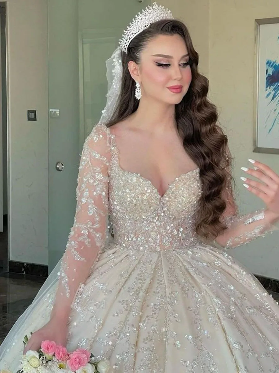 

Arabic Luxury Long Sleeve Dubai Wedding Dress Ball Gown Plus Size Sequined Beading Illusion Saudi Arabic Bridal Gown