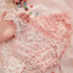 HelloKitty Cartoon Anime Cute Thin Women Panties Kawaii Pink Girls Briefs 2pcs Underwear Lace Ruffled Bow Knickers Underpants