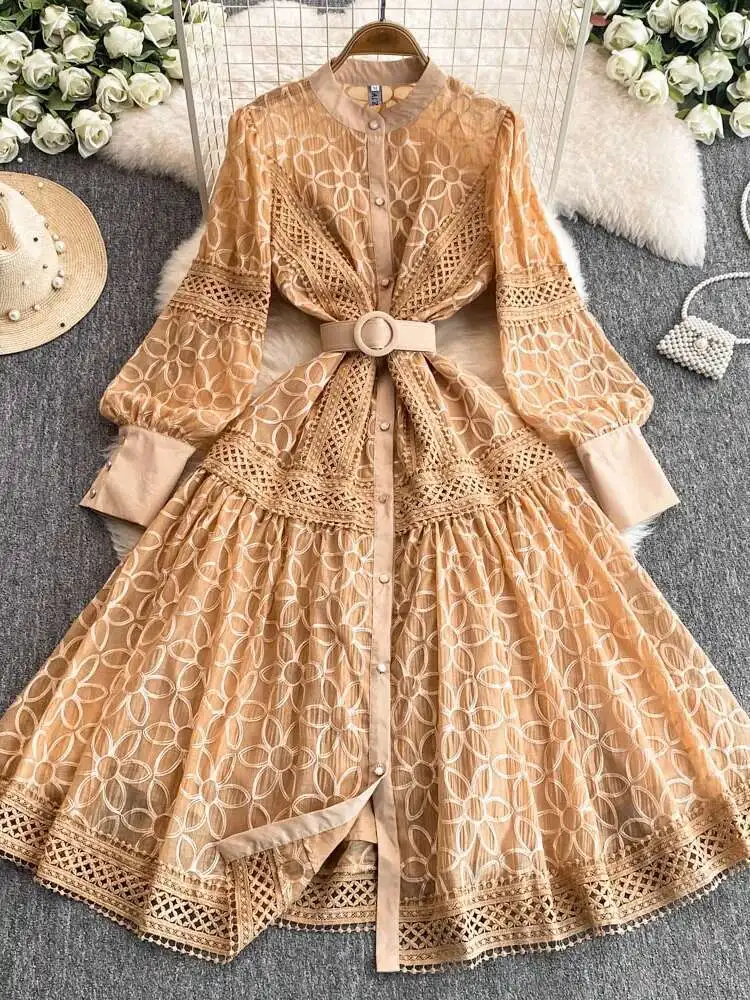 Luxury White Midi Dresses Women Summer Palace Style Single Breasted Pearls Embroidery Lace Evening Party Wedding Long Dress