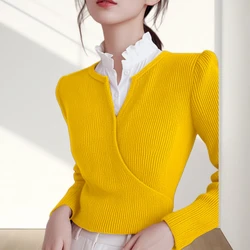 Spring Autumn New Solid Color V-neck Long Sleeve Fashion Sweater Women High Street Casual Pullovers Elegant All-match Chic Tops