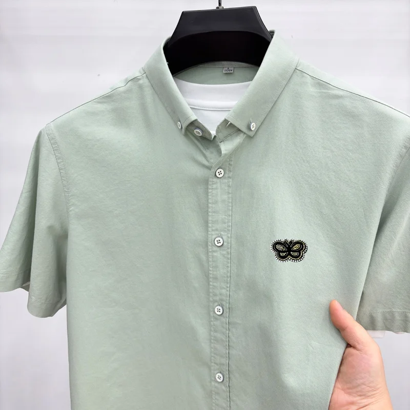 Brand fashion short sleeve 100% cotton shirt high-end new butterfly embossed men's casual summer breathable comfort luxury top