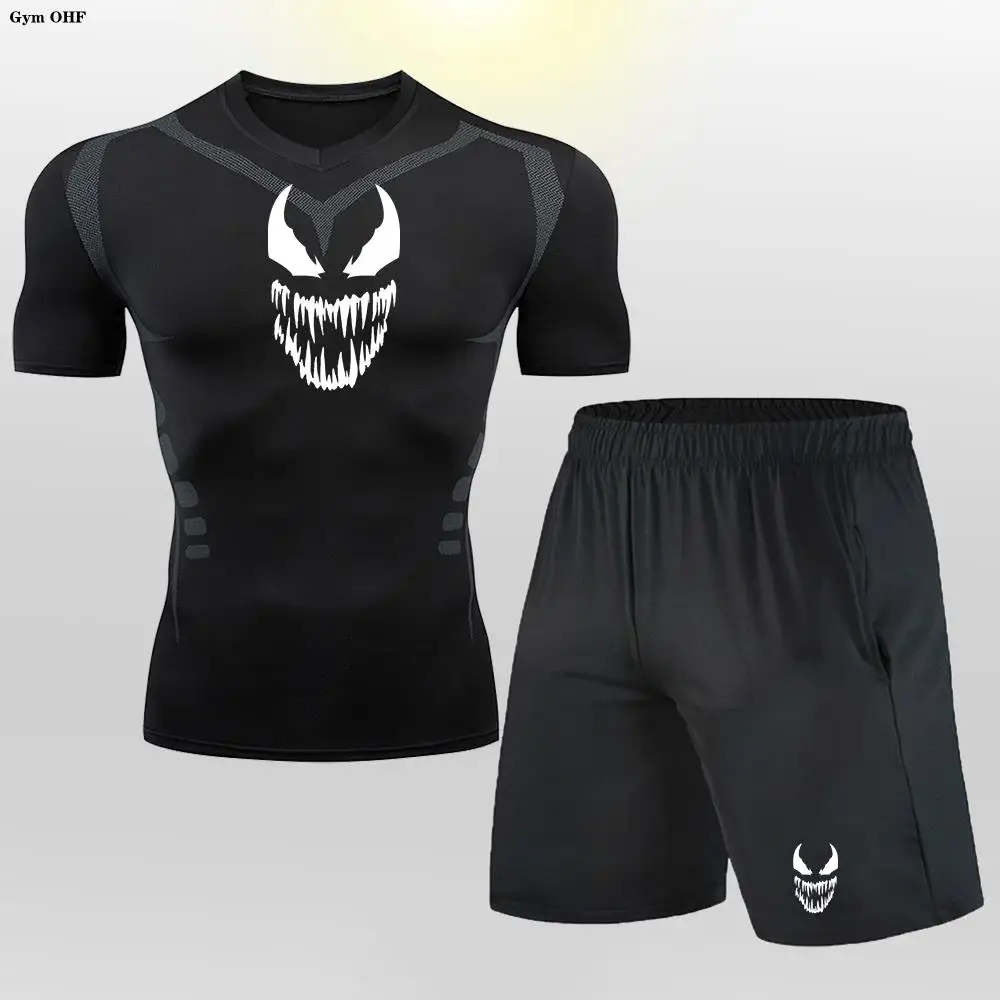 Männer T-Shirt Shorts Set Anime Kompression Sporta nzug Herren Kleidung Laufen Trainings anzug tragen Übung Training