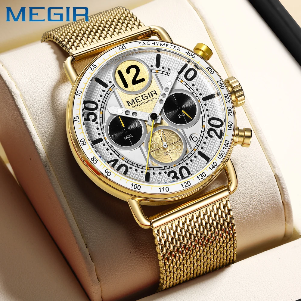 MEGIR Business Man Wristwatch Date Chronograph Waterproof Luminous Luxury Men Watch Stainless Steel Quartz Men's Watches Male