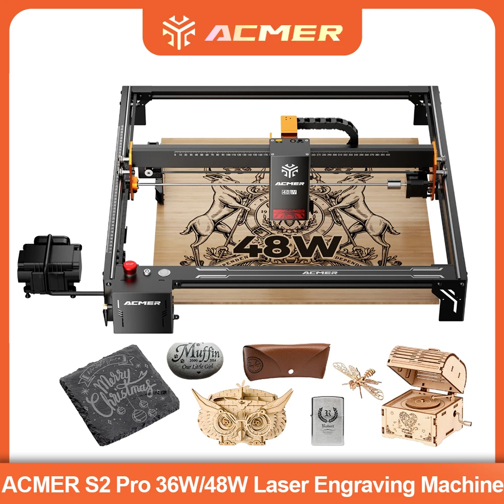 

Лазерный гравер и резак ACMER S2 Pro 36W/48W, высокая мощность, с воздушным насосом, управление через приложение, Wi-Fi, автономное управление, синий диод