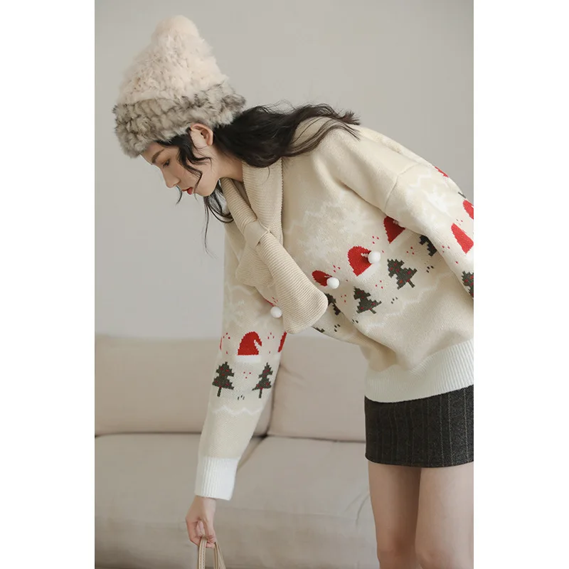 Women Autumn and Winter Fashion New Crew Neck Knitted Sweater Contrast Printing Sweet Warm Leisure Versatile Long-sleeved Tops