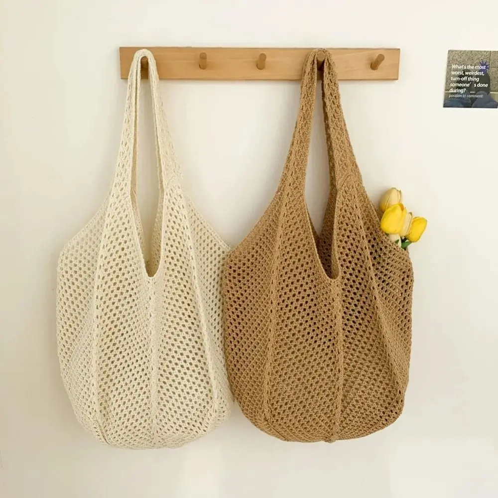 Solid Color Women Knitting Shoulder Bag Hollow Out Soft Casual Woven Handbag Large Capacity Versatile Crochet Mesh Tote Summer