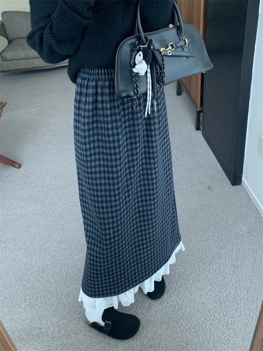 Alien Kitty Daily Plaid Inverno Maxi Gonne Donna Vintage Vita alta Slim Nuovo Allentato Office Lady Inverno Chic Casual Ruffles Dolce