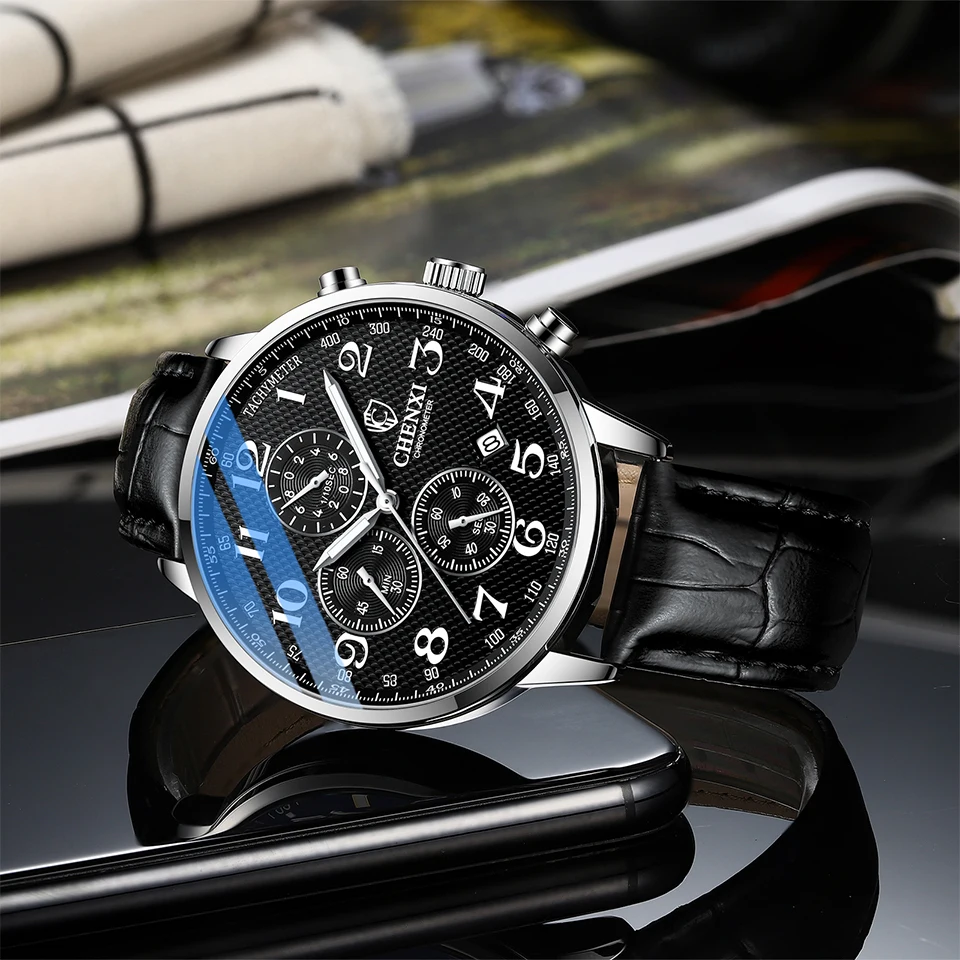 CHENXI Luxury Watch Men Leather Quartz Wristwatch Waterproof Chronograph Luminous Stainless Steel Strap Clock Watches For Men