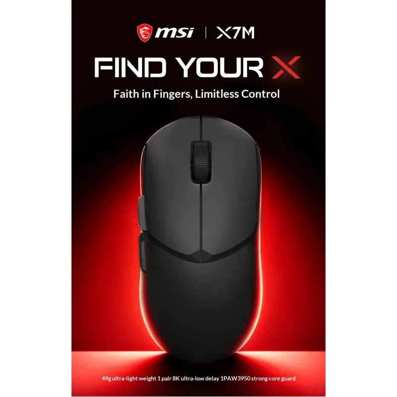 NEW MSI X7M 49g PAW3950 40000 DPI Dual 8K Wireless Gaming Mouse Omron Optical Switch 180H Battery for Esports PC